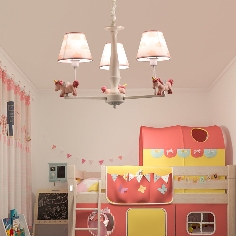 Print Fabric Conical Hanging Light Kids Style Pink Chandelier Light Fixture with Unicorn Deco 3 Pink Clearhalo 'Ceiling Lights' 'Chandeliers' Lighting' options 2282343_457e94a2-3081-4214-b6ff-aa5a0609f76b