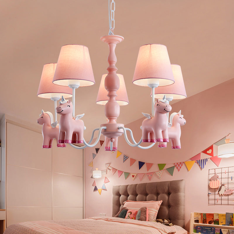 Conic Childrens Bedroom Chandelier Fabric Cartoon Style Pendant Light with Resin Unicorn Deco Clearhalo 'Ceiling Lights' 'Chandeliers' Lighting' options 2282346