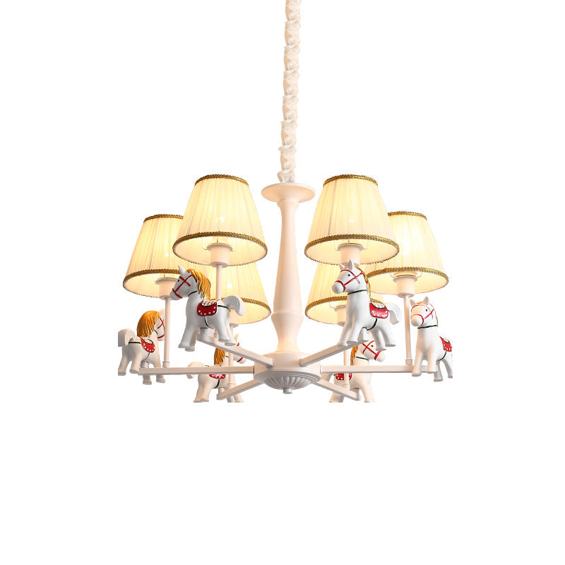 White Horse Chandelier Lamp Childrens Resin Ceiling Pendant Light with Tapered Pleated Fabric Shade Clearhalo 'Ceiling Lights' 'Chandeliers' Lighting' options 2282355