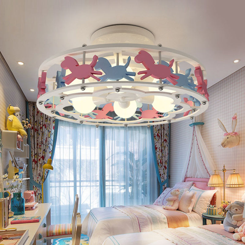 Drum Shaped Semi Flush Mount Lamp Cartoon Metal 6-Light Kids Room Ceiling Lighting in White Clearhalo 'Ceiling Lights' 'Close To Ceiling Lights' 'Close to ceiling' 'Semi-flushmount' Lighting' 2282391