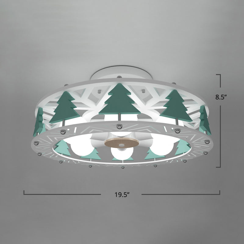 Drum Shaped Semi Flush Mount Lamp Cartoon Metal 6-Light Kids Room Ceiling Lighting in White White Christmas Tree Clearhalo 'Ceiling Lights' 'Close To Ceiling Lights' 'Close to ceiling' 'Semi-flushmount' Lighting' 2282394