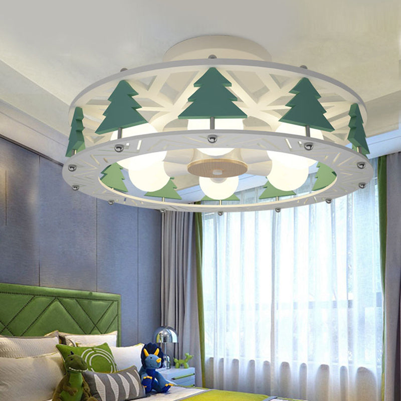 Drum Shaped Semi Flush Mount Lamp Cartoon Metal 6-Light Kids Room Ceiling Lighting in White Clearhalo 'Ceiling Lights' 'Close To Ceiling Lights' 'Close to ceiling' 'Semi-flushmount' Lighting' 2282395