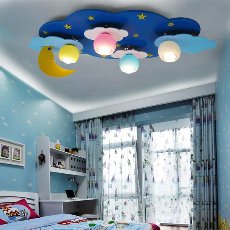 Cartoon Shape Wooden Ceiling Mounted Lamp Kids Style Blue Semi Flush Mount Lighting for Nursery Clearhalo 'Ceiling Lights' 'Close To Ceiling Lights' 'Close to ceiling' 'Glass shade' 'Glass' 'Pendant Lights' 'Semi-flushmount' Lighting' 2282408