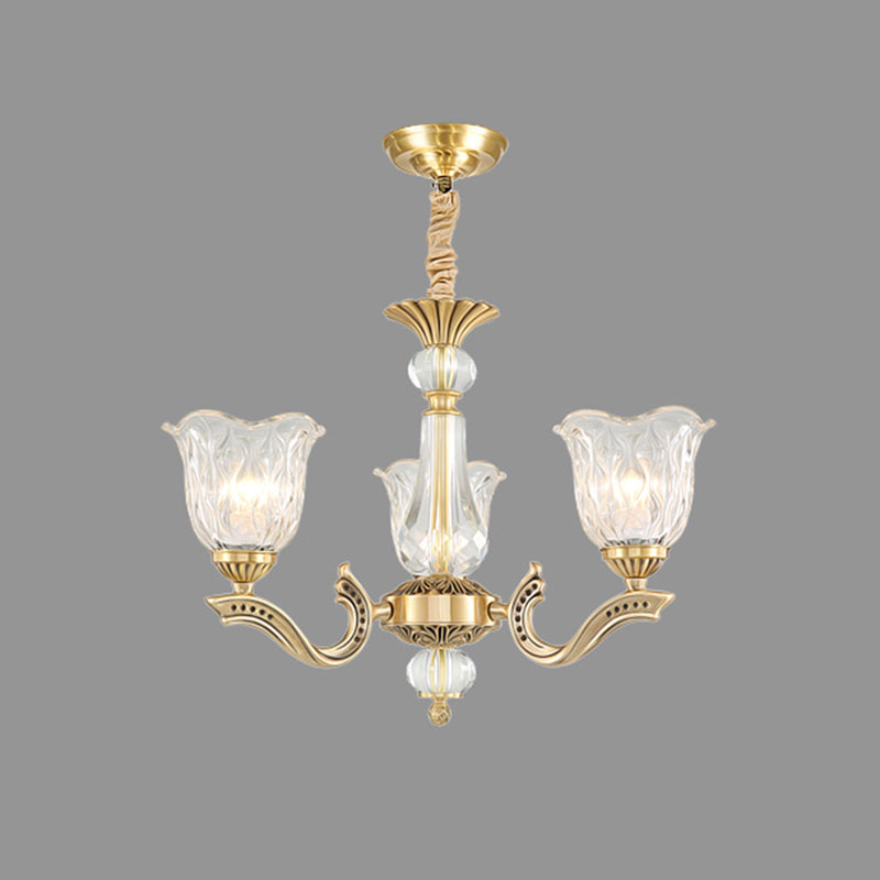 3 Lights Chandelier Lighting Antique Scalloped Clear Crystal Glass Suspension Lamp in Gold Clearhalo 'Ceiling Lights' 'Chandeliers' Lighting' options 2282449