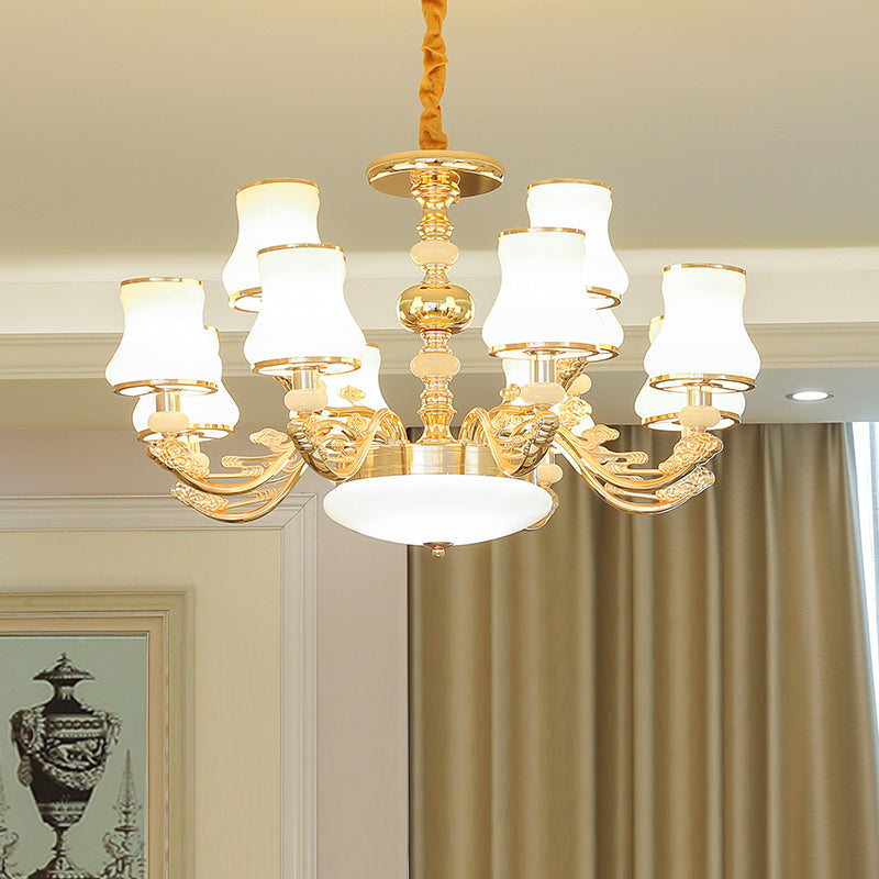 Gold Finish Ceiling Chandelier Transitional White Glass Curve Shade Pendant Lighting Clearhalo 'Ceiling Lights' 'Chandeliers' Lighting' options 2282454