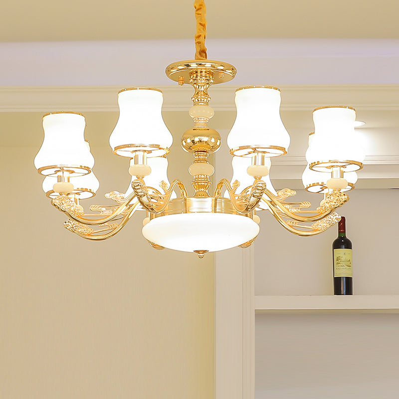 Gold Finish Ceiling Chandelier Transitional White Glass Curve Shade Pendant Lighting Clearhalo 'Ceiling Lights' 'Chandeliers' Lighting' options 2282460