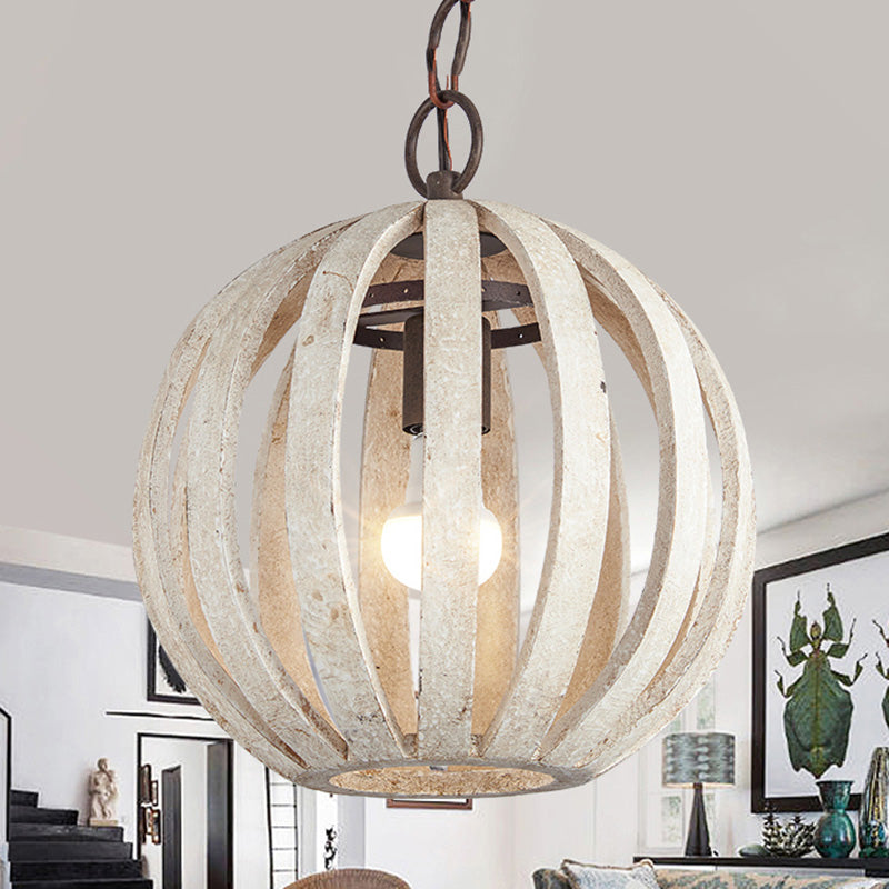 Globe Cage Wood Hanging Ceiling Light Rustic 1 Light Living Room Pendant Lamp in White Clearhalo 'Ceiling Lights' 'Pendant Lights' 'Pendants' Lighting' 228247