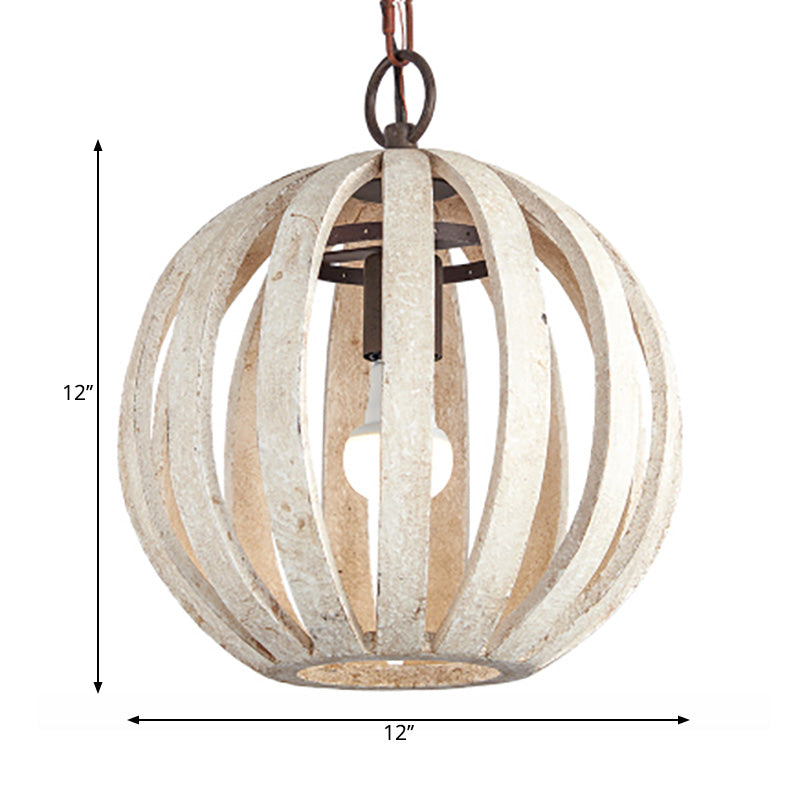 Globe Cage Wood Hanging Ceiling Light Rustic 1 Light Living Room Pendant Lamp in White Clearhalo 'Ceiling Lights' 'Pendant Lights' 'Pendants' Lighting' 228249