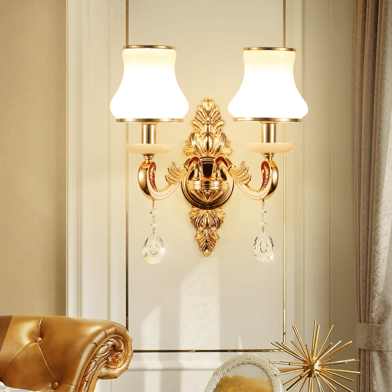 Flared Sconce Lamp Retro Style Gold Milk Glass Wall Mount Light with Crystal Droplet Clearhalo 'Wall Lamps & Sconces' 'Wall Lights' Lighting' 2282520