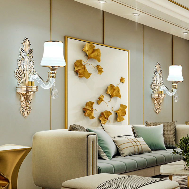 Gold Flared Wall Mount Lighting Traditional White Glass Living Room Sconce with Illuminated Arm Clearhalo 'Wall Lamps & Sconces' 'Wall Lights' Lighting' 2282529