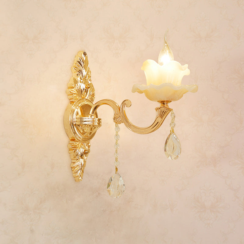 Gold Carved Arm Wall Sconce Light Traditional Metal Bedroom Wall Light with White Lampshade 1.0 White H Clearhalo 'Wall Lamps & Sconces' 'Wall Lights' Lighting' 2282549