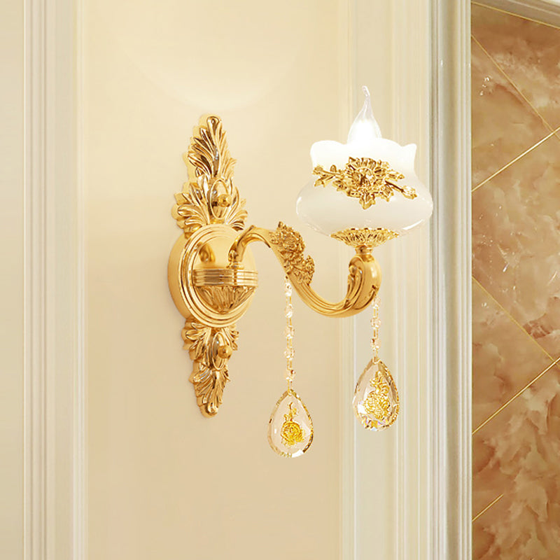 Candle Living Room Wall Sconce Antiqued Imitation Jade Gold Finish Wall Lamp with Crystal Drop 1.0 Gold Clearhalo 'Wall Lamps & Sconces' 'Wall Lights' Lighting' 2282574