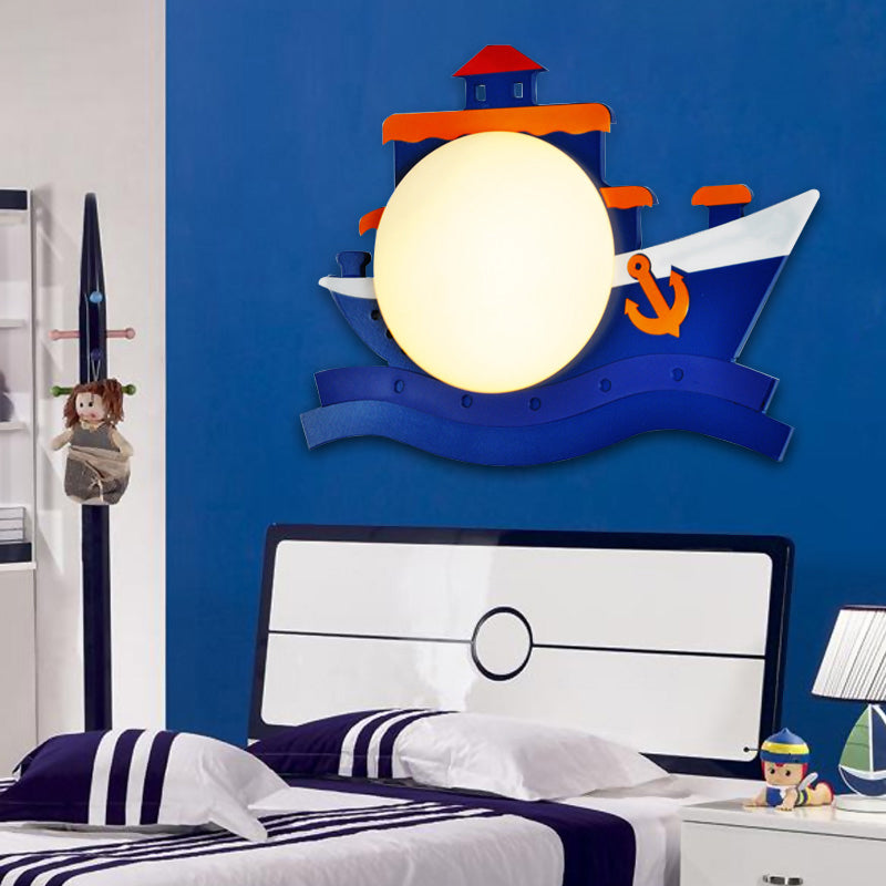 Blue Novelty Shape Wall Lamp Cartoon 1 Bulb Wood Sconce Lighting with Ball Milk Glass Shade Clearhalo 'Wall Lamps & Sconces' 'Wall Lights' Lighting' 2282632