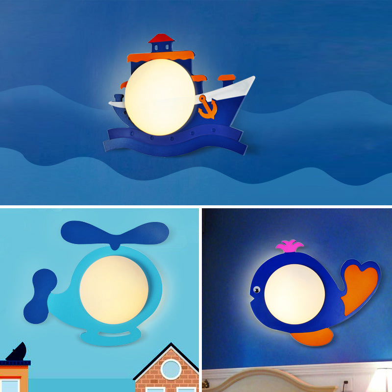 Blue Novelty Shape Wall Lamp Cartoon 1 Bulb Wood Sconce Lighting with Ball Milk Glass Shade Clearhalo 'Wall Lamps & Sconces' 'Wall Lights' Lighting' 2282635