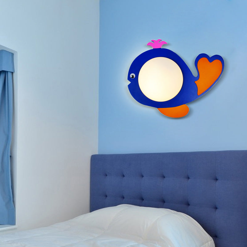 Blue Novelty Shape Wall Lamp Cartoon 1 Bulb Wood Sconce Lighting with Ball Milk Glass Shade Clearhalo 'Wall Lamps & Sconces' 'Wall Lights' Lighting' 2282639