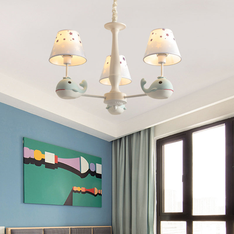 Star Print Fabric Tapered Chandelier Kids White Finish Hanging Lamp with Whale Decor Clearhalo 'Ceiling Lights' 'Chandeliers' Lighting' options 2282731