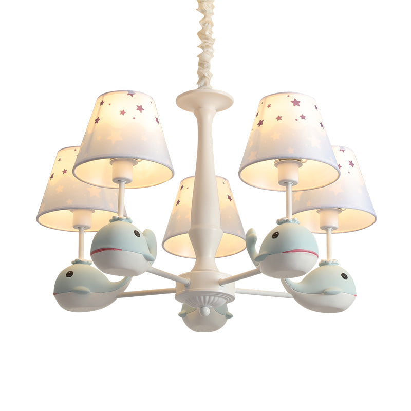 Star Print Fabric Tapered Chandelier Kids White Finish Hanging Lamp with Whale Decor Clearhalo 'Ceiling Lights' 'Chandeliers' Lighting' options 2282732