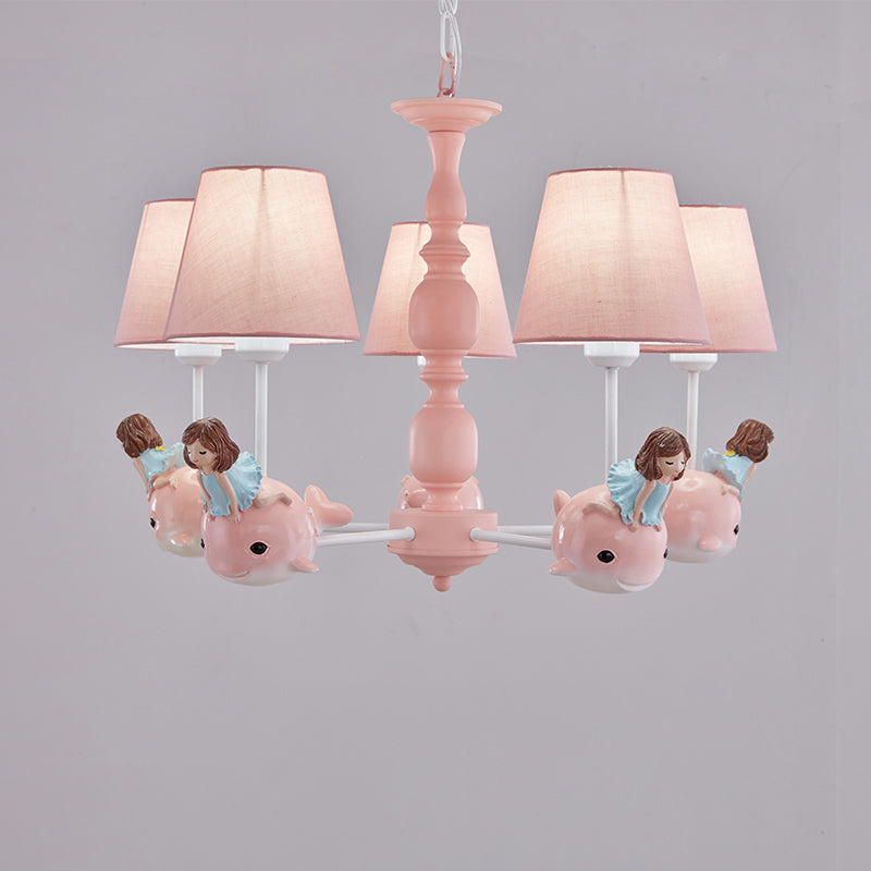 Empire Shade Girls Bedroom Chandelier Fabric Kids Style Hanging Light with Whale Decor Clearhalo 'Ceiling Lights' 'Chandeliers' Lighting' options 2282736