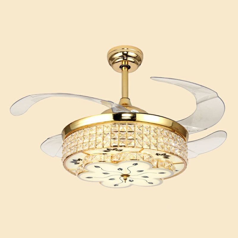 Floral Crystal Embedded Ceiling Fan Lamp Modern Gold Finish LED Semi Flush Light with 4 Clear Blades Gold 36