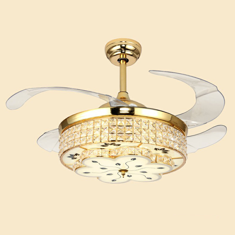Floral Crystal Embedded Ceiling Fan Lamp Modern Gold Finish LED Semi Flush Light with 4 Clear Blades Gold 42