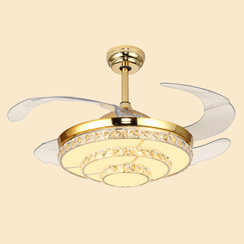 4-Blade Tiered Round Bedroom Hanging Fan Light Crystal Modernist LED Semi Flush Light in Gold, 42