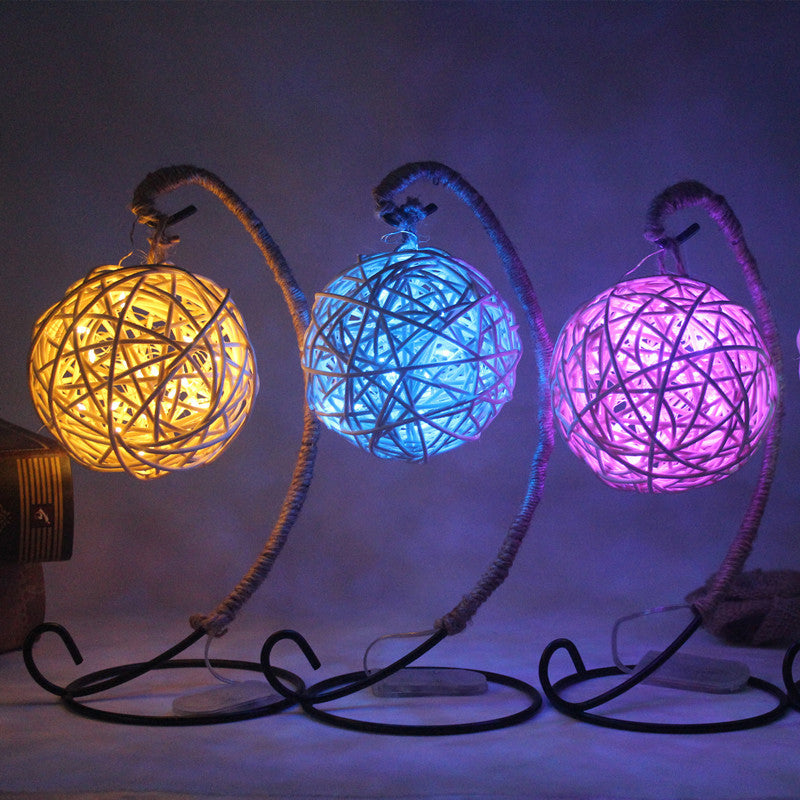 Rattan Ball Battery Powered Night Light Kids White LED Table Lighting with Curved Arm Clearhalo 'Night Lights' 'Wall Lights' Lighting' 2282936