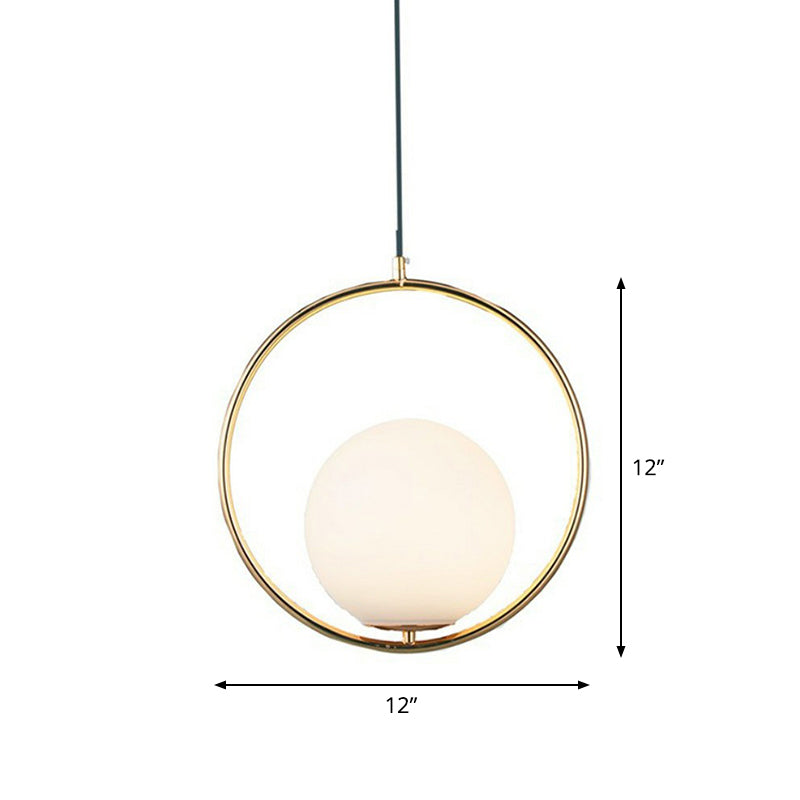 White Glass Spherical Hanging Lamp Post-Modern 1 Head Pendant Light with Metal Ring in Brass White 12