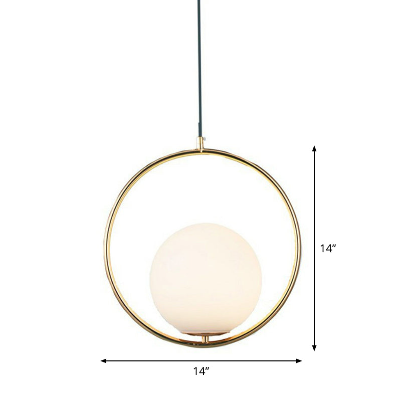 White Glass Spherical Hanging Lamp Post-Modern 1 Head Pendant Light with Metal Ring in Brass White 14
