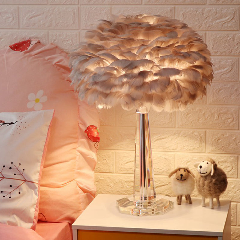 1-Light Bedside Night Lamp Nordic Table Light with Layered Feather Shade and Crystal Accent Grey Clearhalo 'Lamps' 'Table Lamps' Lighting' 2283102