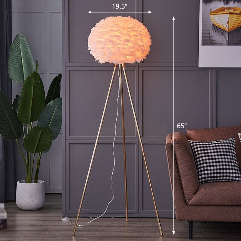 Globe Floor Standing Light Nordic Feather 1-Light Tripod Floor Lamp for Living Room Pink Clearhalo 'Floor Lamps' 'Lamps' Lighting' 2283123