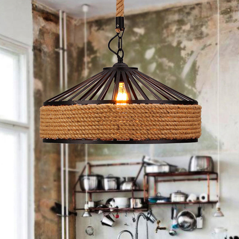 Brown 1-Light Pendant Light Countryside Roped Barn Shaped Hanging Ceiling Light for Bistro Clearhalo 'Ceiling Lights' 'Industrial Pendants' 'Industrial' 'Middle Century Pendants' 'Pendant Lights' 'Pendants' 'Tiffany' Lighting' 2283272