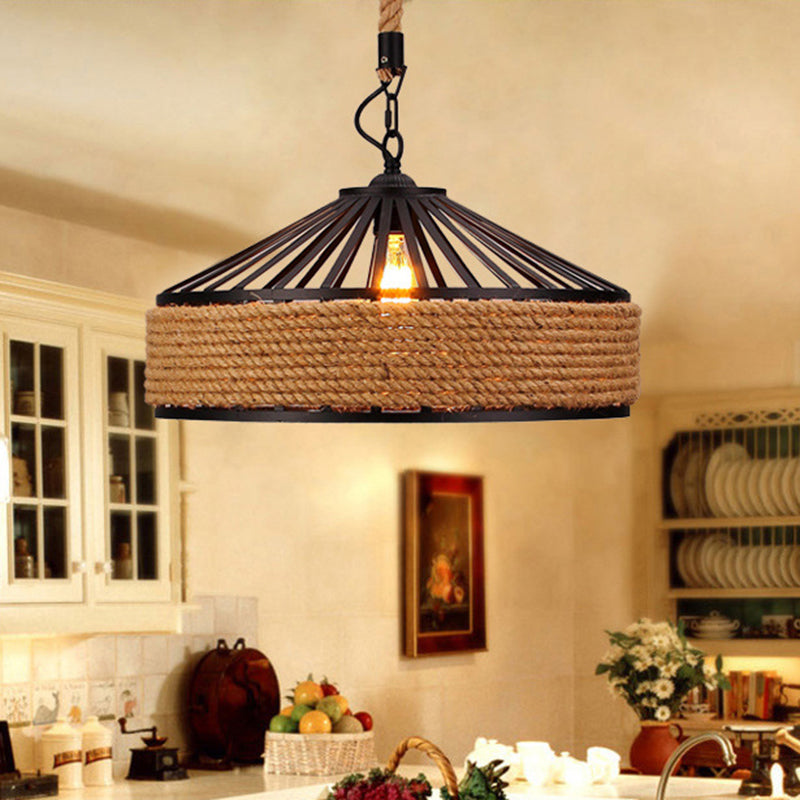 Brown 1-Light Pendant Light Countryside Roped Barn Shaped Hanging Ceiling Light for Bistro Clearhalo 'Ceiling Lights' 'Industrial Pendants' 'Industrial' 'Middle Century Pendants' 'Pendant Lights' 'Pendants' 'Tiffany' Lighting' 2283273