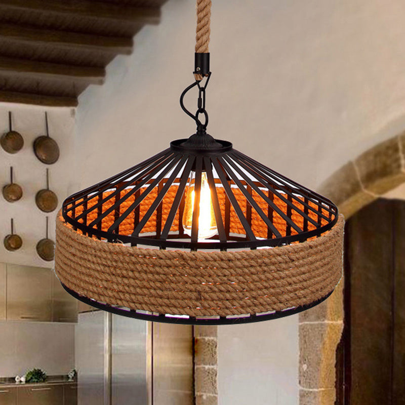 Brown 1-Light Pendant Light Countryside Roped Barn Shaped Hanging Ceiling Light for Bistro Clearhalo 'Ceiling Lights' 'Industrial Pendants' 'Industrial' 'Middle Century Pendants' 'Pendant Lights' 'Pendants' 'Tiffany' Lighting' 2283274