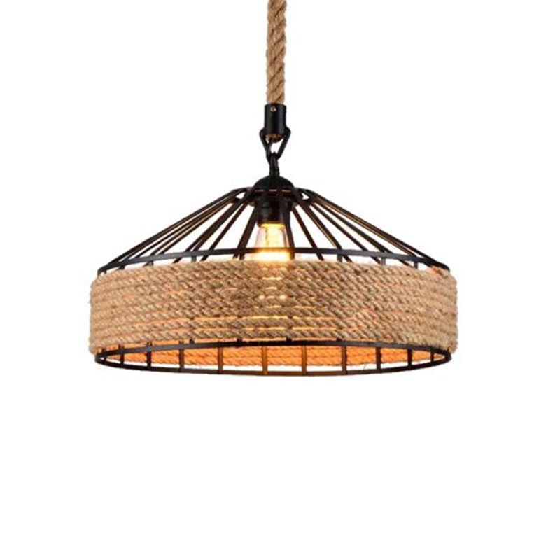 Brown 1-Light Pendant Light Countryside Roped Barn Shaped Hanging Ceiling Light for Bistro Clearhalo 'Ceiling Lights' 'Industrial Pendants' 'Industrial' 'Middle Century Pendants' 'Pendant Lights' 'Pendants' 'Tiffany' Lighting' 2283277