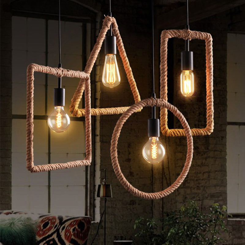 Roped Geometric Frame Pendulum Light Minimalist Single Dining Room Pendant Light Fixture in Brown Clearhalo 'Ceiling Lights' 'Industrial Pendants' 'Industrial' 'Middle Century Pendants' 'Pendant Lights' 'Pendants' 'Tiffany' Lighting' 2283279