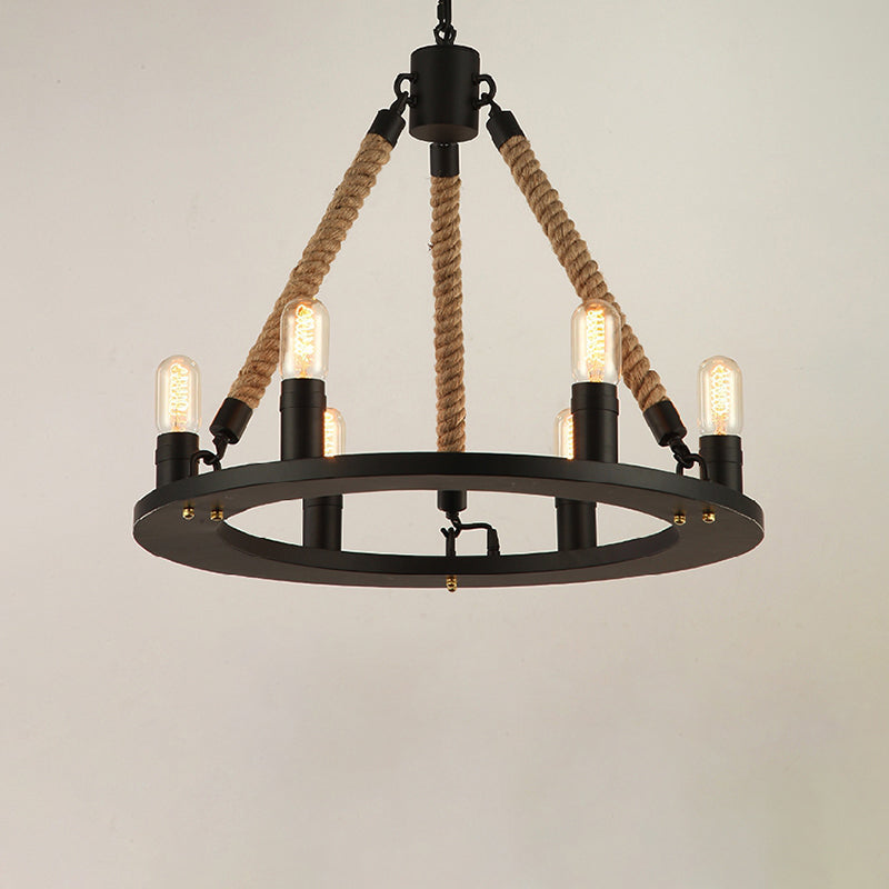 Circular Living Room Chandelier Farmhouse Metal Black Finish Hanging Light with Rope Cord 6 Black Clearhalo 'Ceiling Lights' 'Chandeliers' 'Industrial Chandeliers' 'Industrial' 'Middle Century Chandeliers' 'Tiffany' Lighting' 2283284