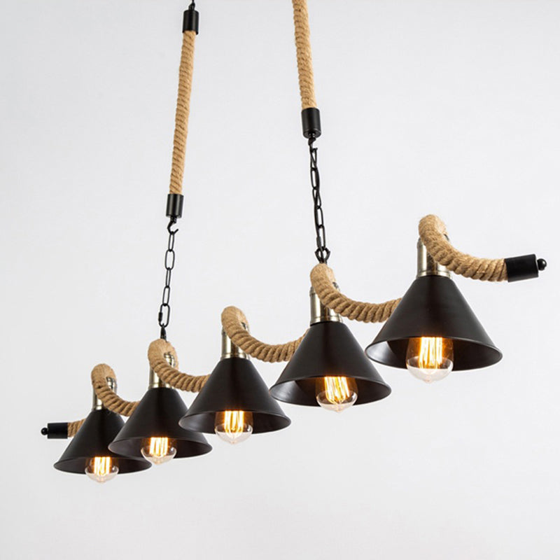 Wavy Hemp Rope Island Light Fixture Rustic Bar Hanging Light with Cone Metal Shade in Black Clearhalo 'Ceiling Lights' 'Island Lights' Lighting' 2283304