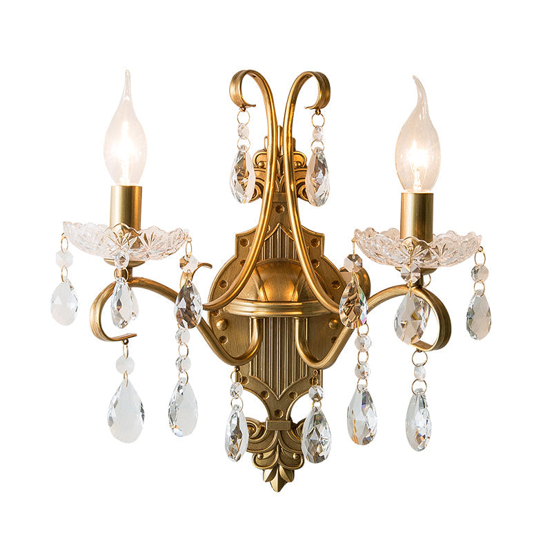 Antiqued Brass Wall Light Traditional Crystal Candle Wall Lighting Sconce with Scroll Arm Clearhalo 'Wall Lamps & Sconces' 'Wall Lights' Lighting' 2283330