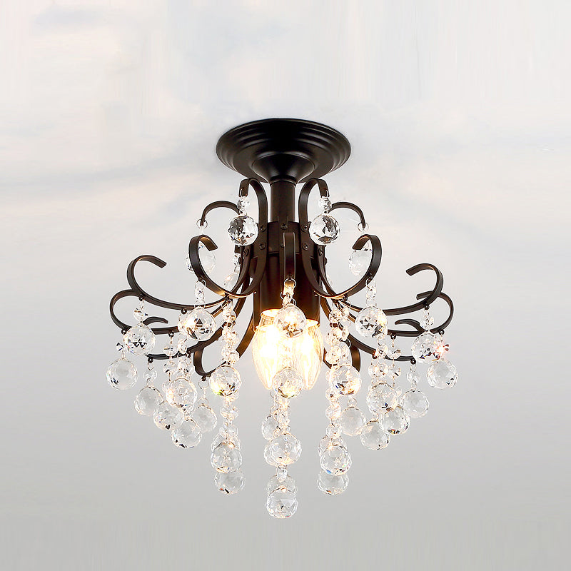 3 Bulbs Ceiling Lighting Vintage Swirl Metal Semi Flush Mounted Light with Crystal Orbs Black Clearhalo 'Ceiling Lights' 'Close To Ceiling Lights' 'Close to ceiling' 'Semi-flushmount' Lighting' 2283340