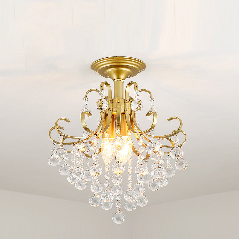 3 Bulbs Ceiling Lighting Vintage Swirl Metal Semi Flush Mounted Light with Crystal Orbs Gold Clearhalo 'Ceiling Lights' 'Close To Ceiling Lights' 'Close to ceiling' 'Semi-flushmount' Lighting' 2283341