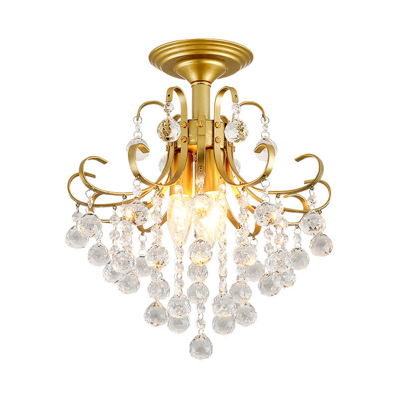 3 Bulbs Ceiling Lighting Vintage Swirl Metal Semi Flush Mounted Light with Crystal Orbs Clearhalo 'Ceiling Lights' 'Close To Ceiling Lights' 'Close to ceiling' 'Semi-flushmount' Lighting' 2283345