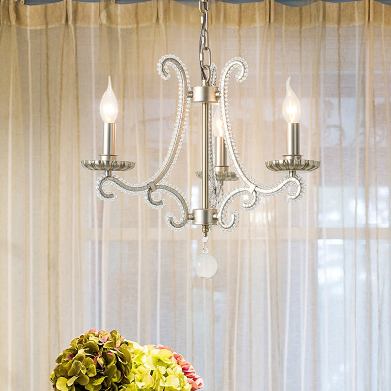 Classic Candelabra Hanging Lamp 3-Light Crystal Beaded Chandelier Light in Nickel Clearhalo 'Ceiling Lights' 'Chandeliers' Lighting' options 2283381