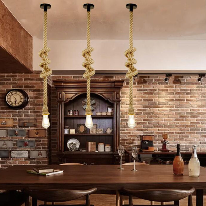 Open Bulb Bistro Down Lighting Pendant Rural Rope 1 Head Brown Hanging Ceiling Light Brown Clearhalo 'Ceiling Lights' 'Industrial Pendants' 'Industrial' 'Middle Century Pendants' 'Pendant Lights' 'Pendants' 'Tiffany' Lighting' 2283472