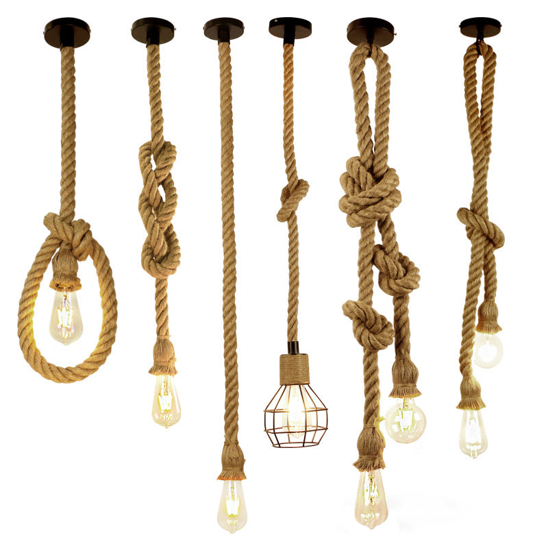 Open Bulb Bistro Down Lighting Pendant Rural Rope 1 Head Brown Hanging Ceiling Light Clearhalo 'Ceiling Lights' 'Industrial Pendants' 'Industrial' 'Middle Century Pendants' 'Pendant Lights' 'Pendants' 'Tiffany' Lighting' 2283475