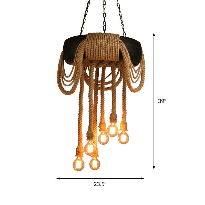 Brown 6-Light Chandelier Loft Style Rope Bare Bulb Pendant Lighting with Tyre Decoration Clearhalo 'Ceiling Lights' 'Chandeliers' 'Industrial Chandeliers' 'Industrial' 'Middle Century Chandeliers' 'Tiffany' Lighting' 2283486