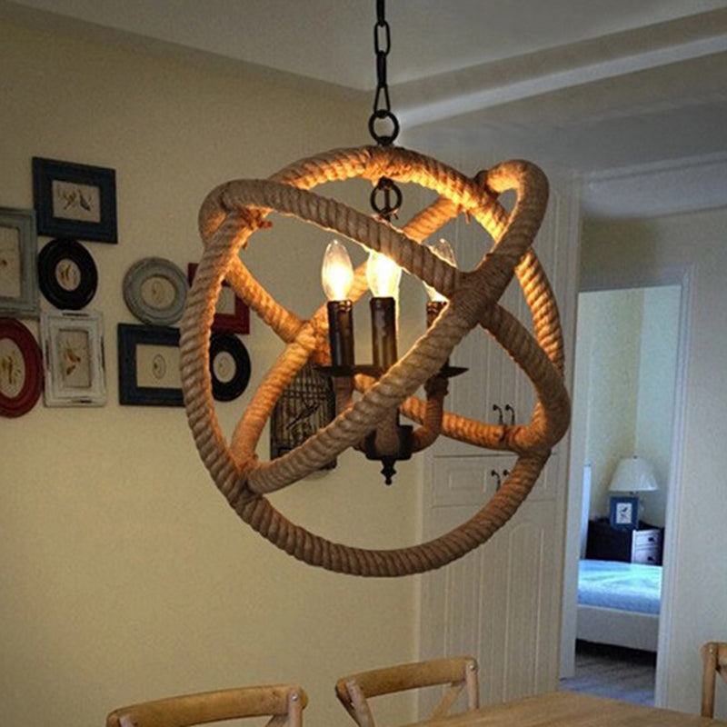 White Orbit Globe Pendant Chandelier Farmhouse Hemp Rope 3 Bulbs Dining Room Ceiling Light Clearhalo 'Ceiling Lights' 'Chandeliers' 'Industrial Chandeliers' 'Industrial' 'Middle Century Chandeliers' 'Tiffany' Lighting' 2283487