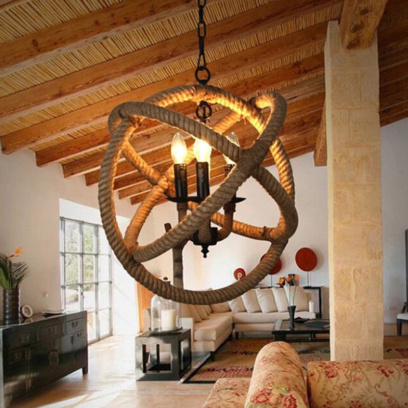 White Orbit Globe Pendant Chandelier Farmhouse Hemp Rope 3 Bulbs Dining Room Ceiling Light Clearhalo 'Ceiling Lights' 'Chandeliers' 'Industrial Chandeliers' 'Industrial' 'Middle Century Chandeliers' 'Tiffany' Lighting' 2283490