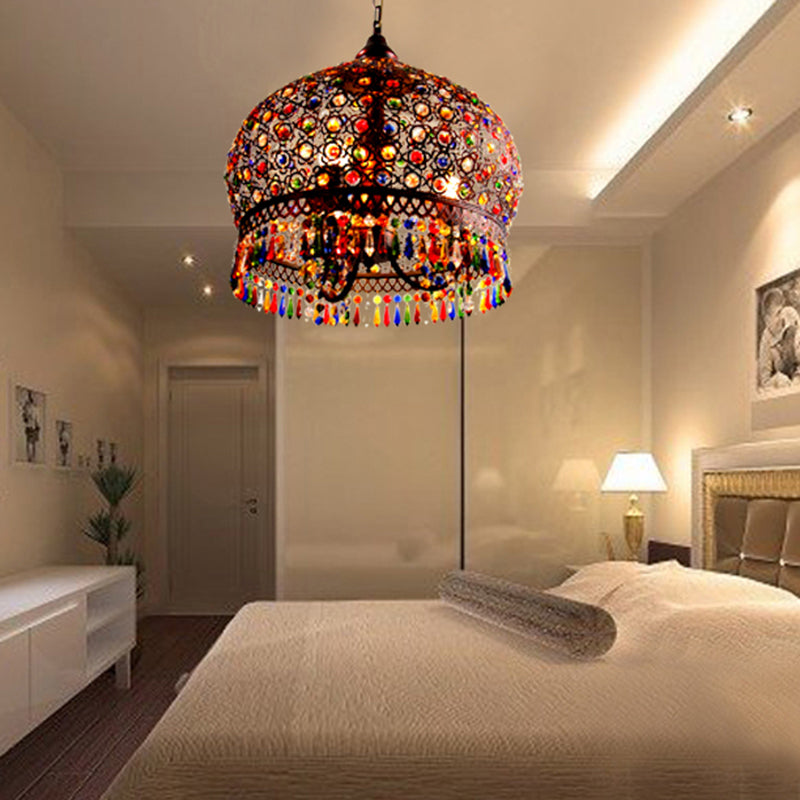 3-Bulb Crystal Bead Pendant Lamp Bohemian Multicolored Hollowed-out Bedroom Ceiling Light Rust Clearhalo 'Ceiling Lights' 'Pendant Lights' 'Pendants' Lighting' 2283522_4d8cb56f-d000-4c14-a4bb-6ceb1c394731