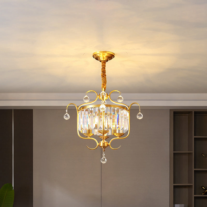 Gold Drum Shaped Suspension Lighting Traditional Crystal 4-Bulb Restaurant Chandelier Light Gold Clearhalo 'Ceiling Lights' 'Chandeliers' Lighting' options 2283582_d5f6f1ed-b2d3-4926-b4d2-c46319bbb42c