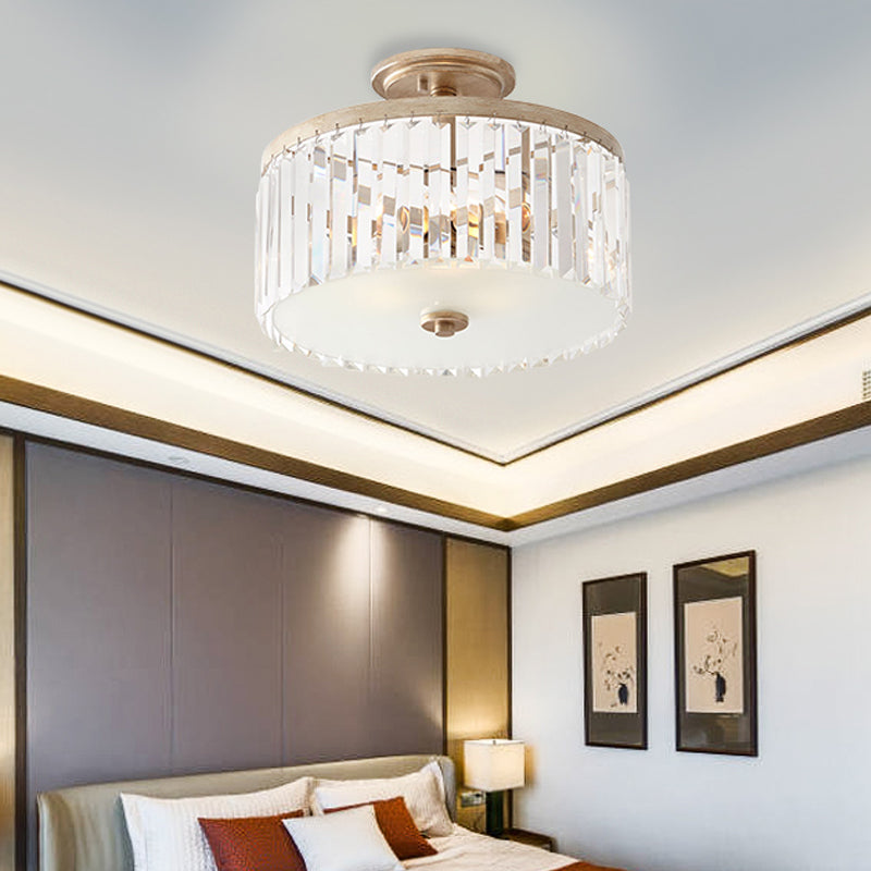 3 Lights Clear Crystal Block Ceiling Light Vintage Drum Bedroom Semi Flush Mounted Light Clearhalo 'Ceiling Lights' 'Chandeliers' 'Close To Ceiling Lights' 'Close to ceiling' 'Glass shade' 'Glass' 'Semi-flushmount' Lighting' 228446